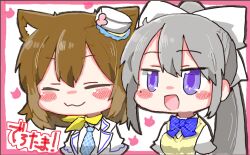 2girls :d animal_ears blue_necktie blush_stickers border bow brown_hair cat_ears chibi closed_eyes closed_mouth fumino_tamaki fumino_tamaki_(2nd_costume) grey_hair hair_between_eyes hair_bow hat higuchi_kaede higuchi_kaede_(2nd_costume) jacket long_hair mini_hat multiple_girls necktie nijisanji open_mouth pink_border ponytail purple_eyes rebecca_(keinelove) school_uniform shirt short_sleeves smile sweater_vest tilted_headwear translation_request upper_body very_long_hair virtual_youtuber white_background white_bow white_hat white_jacket white_shirt