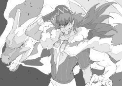 Rule 34 | 1boy, absurdres, bakushi (smys2017), beard, capelet, charizard, commentary request, cowboy shot, dragon, facial hair, gen 1 pokemon, grey background, greyscale, highres, leon (pokemon), long hair, looking at viewer, male focus, monochrome, nintendo, pokemon, pokemon (creature), pokemon swsh, salute, simple background, smile, western dragon, wind