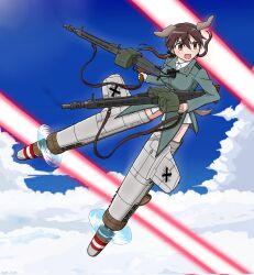 1girl animal_ears blue_sky breasts brown_eyes brown_hair cloud cloudy_sky day dog_ears dog_girl dog_tail drum_magazine flying gertrud_barkhorn green_jacket gun highres holding holding_gun holding_weapon jacket laser looking_to_the_side low_twintails machine_gun magazine_(weapon) medium_breasts mg42 military military_uniform no_pants open_mouth outdoors panbung-kun sky solo strike_witches striker_unit striped_clothes tail twintails weapon world_witches_series