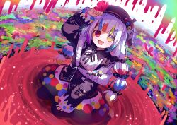 Rule 34 | 1girl, :d, arm up, beret, black hat, black jacket, black ribbon, blonde hair, blue hair, bow, bug, butterfly, butterfly on hand, colorful background, commentary request, full body, green hair, hair bow, hat, heterochromia, highres, insect, jacket, jougasaki noa, long hair, long sleeves, looking at viewer, mahou shoujo no majo saiban, multi-tied hair, multicolored hair, neck ribbon, nene man, off shoulder, open mouth, paint splatter, red eyes, red hair, ribbon, shade, single empty eye, sitting, sleeves past wrists, smile, solo, white hair, yellow eyes