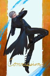 1boy absurdres blue_coat blue_pants blue_shirt boots coat commission devil_may_cry_(series) energy full_body highres holding holding_sword holding_weapon honeyoink_draw katana knee_boots long_coat male_focus pants shirt solo sword vergil_(devil_may_cry) weapon white_shirt