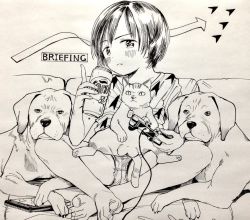Rule 34 | 1girl, arrow (symbol), bad id, bad twitter id, barefoot, blush, can, cat, controller, dog, dog tags, english text, game controller, greyscale, holding, holding can, holding controller, holding game controller, inactive account, index finger raised, indian style, looking at viewer, masuda (yousaytwosin), monochrome, original, parted lips, shirt, short hair, shorts, sitting, solo, toenails