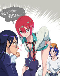1boy 2girls amate_yuzuriha aqua_eyes aqua_skirt black_gloves blue_hair breasts cat cleavage closed_mouth collarbone collared_shirt glasses gloves gundam gundam_gquuuuuux hair_between_eyes highres jacket leaning_forward long_hair long_sleeves looking_at_viewer medium_breasts multiple_girls necktie nyaan_(gundam_gquuuuuux) purple_hair red_eyes red_hair satou_shouji school_uniform shirt short_hair shuji_ito skirt speech_bubble thought_bubble white_background white_shirt yellow_eyes