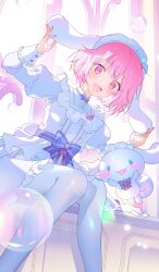 1girl :d absurdres backlighting blue_eyes blunt_bangs blush blush_stickers bob_cut bow bowtie cinnamoroll cup curled_tail dress dress_bow feet_out_of_frame frilled_dress frills fuwa_fuwa_cinnamoroll hashtag-only_commentary highres indoors juliet_sleeves long_sleeves looking_at_viewer maid_headdress mikan_(migwang) official_alternate_costume ootori_emu open_mouth pantyhose pink_eyes pink_hair project_sekai puffy_sleeves purple_bow purple_bowtie sanrio short_hair smile solo_focus striped_bow striped_bowtie striped_clothes teacup white_dog white_dress white_headdress white_pantyhose window wrist_cuffs