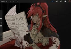 1girl art_program_in_frame ascot bath bath_of_blood bathtub black_gloves blood blood_on_face commentary english_commentary gloves highres holding holding_newspaper honkai:_star_rail honkai_(series) long_hair long_sleeves looking_at_viewer newspaper obsidian_(honkai:_star_rail) pointy_ears red_hair shirt signature smile solo the_quipper tiara white_ascot white_shirt yellow_eyes