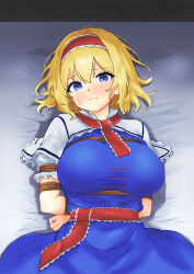1girl absurdres alice_margatroid arms_behind_back ascot bdsm blonde_hair blue_dress blue_eyes blush bondage bound breast_bondage breasts capelet closed_mouth commentary_request cowboy_shot dress frilled_hairband frilled_sash frilled_sleeves frills hair_between_eyes hairband highres hinben large_breasts lolita_hairband looking_at_viewer lying on_back on_bed raised_inner_eyebrows red_ascot red_hairband red_ribbon red_sash ribbon sash shibari shibari_over_clothes short_hair solo sweatdrop touhou waist_sash wavy_mouth white_capelet