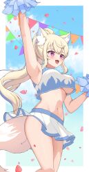 Rule 34 | 1girl, :d, absurdres, alternate costume, alternate hairstyle, animal ear fluff, animal ears, arm up, armpits, black tank top, blonde hair, blue hair, blue sky, blush, breasts, cheerleader, commentary, crop top, dog ears, dog girl, dog tail, falling petals, fang, flame print, fuwawa abyssgard, high ponytail, highres, holding, holding pom poms, hololive, hololive english, large breasts, lifted by tail, long hair, looking ahead, miniskirt, multicolored hair, no bra, open mouth, outdoors, petals, pink eyes, pleated skirt, pom pom (cheerleading), pom poms, ponytail, sidelocks, skin fang, skirt, sky, smile, solo, streaked hair, tail, tank top, two-tone tank top, underboob, virtual youtuber, white skirt, white tank top, yuni animal (remyi 3)