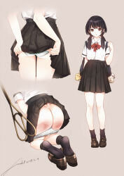 Rule 34 | 1girl, absurdres, ass, black hair, black socks, brown background, butt crack, carpet beater, clothes lift, collared shirt, fireball 666, futon tataki, highres, kneeling, lifting own clothes, long hair, looking at viewer, original, paddle, panties, panty pull, school uniform, shirt, short sleeves, simple background, skirt, skirt flip, skirt lift, socks, spanked, spanking, standing, underwear, white shirt