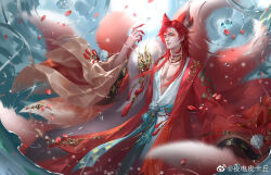 1boy abs animal_ear_fluff animal_ears blue_bow blue_sky bow character_request claws cloud cloudy_sky cowboy_shot day earrings fox_boy fox_ears fox_tail hair_over_shoulder hand_up highres jewelry leaf_print light_particles long_hair long_sleeves multiple_tails nishui_han pectoral_cleavage pectorals petals realistic red_hair red_nails red_ribbon red_robe reflection reflective_water ribbon robe single_earring sky sleeve_ribbon solo standing sun tail tassel tassel_earrings toned toned_male waist_bow water watermark weibo_watermark wide_sleeves ye_dian_pikaqiu