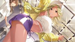 Rule 34 | black eyes, blonde hair, brown hair, dark-skinned female, dark skin, faceless, game cg, hat, holding, idolmaster, idolmaster shiny colors, izumi mei, jacket, navel, official art, parallel collection, short shorts, shorts, smile