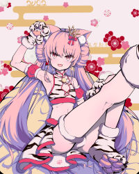 1boy absurdres animal_ear_fluff animal_ears armpits bell breasts cat_ears cleavage_cutout clothing_cutout crop_top crossdressing detached_sleeves double_bun floral_background foot_out_of_frame full_body hair_bun hair_ornament happy_new_year highres kneepits long_bangs long_hair looking_at_viewer miniskirt nanaha_rui new_year open_mouth pawpads pink_hair red_eyes shirt sidelocks sitting skirt smile solo thigh_strap thighs trap very_long_hair virtual_youtuber wactor_production yu_su_(moziki)