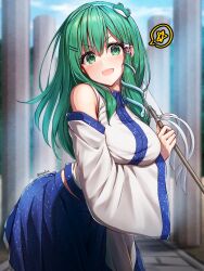 1girl absurdres arm_under_breasts blue_skirt breasts commentary_request detached_sleeves frog_hair_ornament gohei green_eyes green_hair hair_ornament highres holding holding_gohei kochiya_sanae large_breasts long_hair looking_at_viewer mitama_mudimudi outdoors pillar shirt skirt snake_hair_ornament solo spoken_star star_(symbol) touhou twitter_username very_long_hair white_shirt