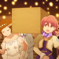 2boys 2girls :3 apocalypse_hotel brown_hair bunbuku_procione closed_eyes closed_mouth coffin commentary dancing_pallbearers_(meme) dress facial_hair jacket jewelry long_hair meme multiple_boys multiple_girls mustache necklace open_mouth pearl_necklace pink_hair ponko_procione purple_dress purple_scarf scarf shirosato short_hair smile symbol-only_commentary upper_body wedding_dress white_dress white_jacket yachiyo_(apocalypse_hotel)