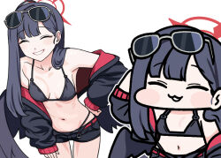 1girl bikini bikini_under_shorts black_bikini black_hair black_shorts black_wings blue_archive blush breasts chibi chibi_only commentary_request eyewear_on_head feathered_wings halo hand_on_own_hip ichika_(blue_archive) ichika_(swimsuit)_(blue_archive) jacket jazz_jack long_hair low_wings medium_breasts navel official_alternate_costume open_clothes open_jacket red_halo short_shorts shorts simple_background smile stomach swimsuit white_background wings