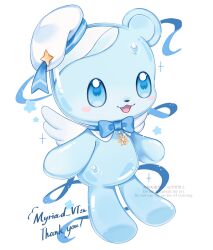 1other :3 :d bear blue_bow blue_bowtie blue_eyes blush_stickers borrowed_character bow bowtie chibikemo commission commissioner_name full_body hat highres iwasi_29 open_mouth original other_focus sailor_hat skeb_commission smile solo standing thank_you watermark white_hat white_wings wings