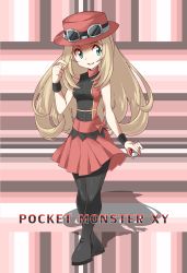 10s 1girl alternate_costume armpits belt black_boots black_jacket blonde_hair boots bracelet breasts buttons copyright_name female_focus geru goggles green_eyes hat jacket jewelry long_hair nintendo pink_background poke_ball pokemon pokemon_xy red_belt red_jacket red_skirt ribbon serena_(pokemon) shadow shirt shy skirt smile solo standing text_focus thighhighs tight_clothes tight_shirt wristband