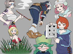 6+girls adjusting_clothes adjusting_gloves akari_(pokemon) anya&#039;s_heh_face_(meme) arezu_(pokemon) asymmetrical_hair bent_over black_hair blonde_hair blue_eyes blush blush_stickers bracelet braid bright_pupils brown_footwear character_tattoo charm_(pokemon) commentary_request cowlick facepaint fur_hat gastly gen_1_pokemon gloves grass green_eyes green_hair green_headwear grey_background grin hairband hat headscarf highres hisuian_poke_ball holding holding_poke_ball irida_(pokemon) jacket jewelry long_hair meme multiple_girls nintendo nutkingcall open_mouth pantyhose pesselle_(pokemon) pointer pointing poke_ball pokemon pokemon_legends:_arceus ponytail red_hairband red_scarf sabi_(pokemon) scarf shirt shoes sidelocks skirt smile smoking strapless strapless_shirt sweat teeth tongue tongue_out twin_braids white_headscarf
