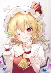 1girl ;q ascot blonde_hair blush character_name closed_mouth collared_shirt commentary_request flandre_scarlet frilled_shirt_collar frills hair_between_eyes hands_up hat hat_ribbon heart hiwokawa looking_at_viewer medium_hair mob_cap one_eye_closed puffy_short_sleeves puffy_sleeves red_ribbon red_vest ribbon shadow shirt short_sleeves solo spoken_heart tongue tongue_out touhou upper_body vest white_hat white_shirt wings wrist_cuffs yellow_ascot