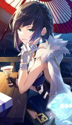 1girl absurdres asymmetrical_gloves bare_shoulders black_gloves black_hair black_pants blue_dress blue_hair blush bob_cut breasts cleavage cleavage_cutout clothing_cutout diagonal_bangs dice dress earrings fingerless_gloves fur-trimmed_jacket fur_trim genshin_impact gloves green_eyes grin herigaru_(fvgyvr000) highres jacket jacket_on_shoulders jewelry large_breasts looking_at_viewer mismatched_gloves mole mole_on_breast multicolored_hair neck_ring pants pelvic_curtain short_hair sitting smile solo tassel thighs tight_clothes tight_pants two-tone_hair white_gloves white_jacket yelan_(genshin_impact)