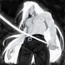 1boy belt belt_buckle black_background buckle closed_mouth cowboy_shot final_fantasy final_fantasy_vii from_below greyscale highres holding holding_sword holding_weapon long_hair male_focus monochrome multiple_belts navel nipples pants sephiroth shyuuwei solo sword topless_male very_long_hair weapon