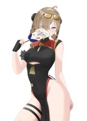 1girl absurdres ahoge black_dress black_gloves breasts brown_hair china_dress chinese_clothes clothing_cutout commentary covering_own_mouth cowboy_shot dress eyewear_on_head fingerless_gloves gloves hair_over_one_eye hand_fan highres holding holding_fan iamkeiyoku light_smile looking_at_viewer making-of_available medium_breasts pelvic_curtain purple_eyes red_dress short_twintails simple_background single_glove sleeveless sleeveless_dress solo sweety_(zenless_zone_zero) thigh_strap tinted_eyewear tuanshan twintails twitter_username two-tone_dress underboob_cutout white_background yellow-tinted_eyewear zenless_zone_zero