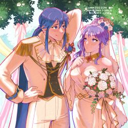 1boy 1girl arm_behind_back blue_hair blush bouquet breasts cleavage commentary commission dress earrings english_commentary fire_emblem fire_emblem:_genealogy_of_the_holy_war fire_emblem_heroes flower formal_clothes hetero highres holding holding_bouquet ishtar_(bride)_(fire_emblem) ishtar_(fire_emblem) jewelry long_hair mango_(mgosketches) medium_breasts nintendo official_alternate_costume pants seliph_(fire_emblem) seliph_(light&#039;s_legacy)_(fire_emblem) strapless strapless_dress suit wedding_dress white_dress white_pants white_suit
