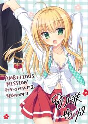 Rule 34 | 1girl, :o, ahoge, ambitious mission, aqua necktie, arm behind head, arm up, blonde hair, blush, bra, bra peek, breasts, charlotte di curvehorn yeatz, cleavage, collarbone, collared shirt, commentary request, copyright name, cowboy shot, eyes visible through hair, fang, floating hair, frilled bra, frills, green eyes, hair between eyes, hair down, hanesaki seika, highres, long hair, long sleeves, looking at viewer, miniskirt, navel, necktie, official art, open clothes, open mouth, open shirt, partially unbuttoned, pink bra, plaid background, plaid clothes, plaid necktie, pleated skirt, red skirt, school uniform, shirt, signature, simple background, skirt, small breasts, solo, straight hair, stretching, translation request, underwear, undone necktie, white shirt
