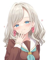 1girl absurdres alt_text aqua_neckerchief blue_eyes blush breasts brown_dress ceras_yanagida_lilienfeld closed_mouth collarbone commentary_request dress grey_hair hair_ribbon hanazora_satsuki hand_up hasu_no_sora_school_uniform heart highres large_breasts link!_like!_love_live! long_hair long_sleeves looking_at_viewer love_live! neckerchief partial_commentary pink_ribbon ribbon sailor_collar sailor_dress school_uniform smile solo split_mouth swept_bangs teasing virtual_youtuber wavy_hair white_sailor_collar winter_uniform