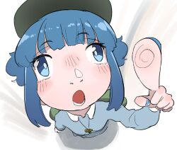 1girl blue_eyes blue_hair blue_nails blue_shirt blue_skirt blush fingerprint fisheye frogsnake green_bag green_hat hat jewelry kawashiro_nitori key necklace open_mouth shirt skirt solo tagme touhou