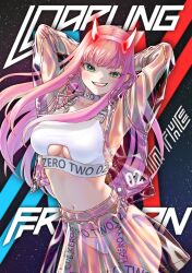 1girl alternate_costume aman_art09 armpits arms_behind_head arms_up breasts character_name choker cleavage_cutout clothing_cutout copyright_name cowboy_shot darling_in_the_franxx fangs garter_straps green_eyes grin highres horns jacket long_hair looking_at_viewer medium_breasts navel panties pink_hair red_horns see-through_clothes see-through_jacket see-through_skirt skirt smile solo space sports_bra star_(symbol) star_symbol_background stomach teeth thighhighs translucent underboob underboob_cutout underwear very_long_hair white_choker white_garter_straps white_panties white_sports_bra white_thighhighs zero_two_(darling_in_the_franxx)