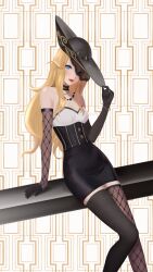 1girl arm_support asymmetrical_gloves asymmetrical_legwear bare_shoulders black_gloves black_hat black_skirt black_thighhighs blonde_hair blue_eyes bracelet breasts closed_mouth elbow_gloves eyelashes feet_out_of_frame fishnet_gloves fishnet_thighhighs fishnets gloves gold_trim hat high-waist_skirt highres jewelry legs lips long_hair mikan_zakuro mismatched_gloves mismatched_legwear naamah_(megami_tensei) necklace patterned_background red_lips ring shin_megami_tensei shin_megami_tensei_v shin_megami_tensei_v:_vengeance sitting skirt small_breasts solo thighhighs very_long_hair zettai_ryouiki