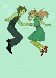 1boy 1girl absurdres aged_up ahoge anya_(spy_x_family) ariadusts arm_up artist_name bat_wings belt black_footwear black_vest blue_dress breasts brown_hair closed_eyes closed_mouth collared_dress collared_shirt damian_desmond dancing dress feathered_wings green_background grey_legwear grey_pants hair_between_eyes hairpods hands_up hetero highres jumping long_hair long_sleeves medium_breasts pants pink_hair puffy_long_sleeves puffy_short_sleeves puffy_sleeves purple_belt red_footwear shirt shoes short_hair short_sleeves simple_background socks spy_x_family teeth vest wings yellow_shirt