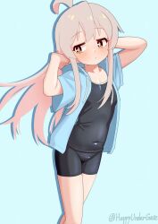 1girl ahoge artist_name bare_arms bare_legs blue_background blue_jacket breasts brown_eyes closed_mouth colored_inner_hair commentary covered_navel dot_mouth drawstring grey_hair happyundergate highres hood hood_down hooded_jacket jacket long_hair multicolored_hair onii-chan_wa_oshimai! open_clothes open_jacket oyama_mahiro pink_hair short_sleeves sidelocks simple_background small_breasts solo twitter_username two-tone_hair