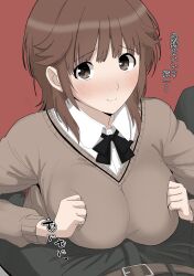 Rule 34 | 1boy, 1girl, absurdres, amagami, black bow, black bowtie, black pants, blush, bow, bowtie, breasts, breasts squeezed together, brown eyes, brown hair, brown sweater, closed mouth, collared shirt, commentary request, gyuunyuu pack (tanaka), hetero, highres, implied paizuri, kibito high school uniform, large breasts, long sleeves, looking at viewer, medium hair, pants, pov, pov crotch, red background, sakurai rihoko, school uniform, shirt, simple background, solo focus, sweater, translation request, white shirt