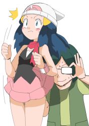 1boy 1girl assisted_exposure blue_eyes blue_hair clothes_lift conway_(pokemon) dawn_(pokemon) green_hair hainchu looking_at_ass nintendo pokemon simple_background skirt skirt_lift surprised
