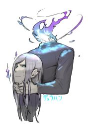 Rule 34 | 1boy, black sclera, blue fire, colored sclera, cropped torso, dullahan, fire, grey hair, grey jacket, holding detached head, jacket, long hair, male focus, meziro001, monster boy, original, purple fire, red eyes, simple background, solo, translation request, upper body, white background