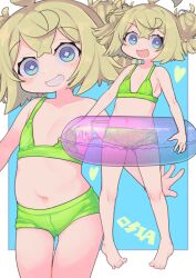 Rule 34 | 1girl, absurdres, ahoge, barefoot, bikini, blonde hair, blue background, blue eyes, border, collarbone, diamond-shaped pupils, diamond (shape), double bun, flat chest, frilled innertube, green bikini, grin, hair bun, highres, multiple views, navel, open mouth, original, parted lips, pink innertube, rosia san, short hair, smile, strap slip, swimsuit, symbol-shaped pupils, teeth, variant set, white border