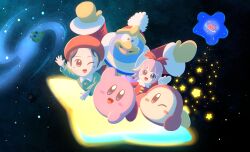 Rule 34 | 1boy, 2girls, adeleine, arm up, arms up, beret, black cloak, black eyes, black hair, blue eyes, blue hair, blush stickers, brown eyes, character request, cloak, coat, collared shirt, commentary, ddddndn, dress, electric plug, flying sweatdrops, galaxy, gloves, green coat, hair ribbon, hat, heart, highres, hood, hood up, horns, jacket, king dedede, kirby, kirby (series), kirby 64, kirby star allies, looking at viewer, medium hair, multiple girls, nintendo, one eye closed, open clothes, open jacket, open mouth, pink hair, planet, plugg (kirby), pom pom (clothes), red dress, red hat, red jacket, red ribbon, ribbon, ribbon (kirby), ripple star, shirt, short hair, smile, space, star (sky), star (symbol), waddle dee, warp star, waving, yellow gloves