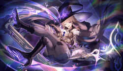 Rule 34 | 1girl, asymmetrical footwear, bare shoulders, black boots, black dress, boots, brown hair, detached sleeves, dress, floating hair, flower, full body, hat, hat flower, herta (honkai: star rail), high heel boots, high heels, highres, honkai: star rail, honkai (series), knee boots, long hair, long sleeves, looking at viewer, lucio (luci0 52), one eye closed, open mouth, pantyhose, purple eyes, smile, solo, the herta (honkai: star rail), uneven footwear, very long hair, witch hat