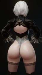 1girl absurdres ass back back_cutout black_background clothing_cutout cpt-flapjack curvy elbow_gloves feather-trimmed_sleeves from_behind gloves hands_on_own_hips highres huge_ass juliet_sleeves leotard long_sleeves nier_(series) nier:automata puffy_sleeves short_hair solo square_enix thick_thighs thighhighs thighs thong_leotard white_hair wide_hips 2b_(nier:automata)