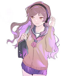 Rule 34 | 1girl, bag, black sailor collar, brown cardigan, brown eyes, brown hair, cardigan, closed mouth, cowboy shot, hand up, headphones, holding strap, idolmaster, idolmaster million live!, kitazawa shiho, light blush, light smile, long hair, long sleeves, neckerchief, pleated skirt, red neckerchief, sailor collar, school uniform, shirop imas, shoulder bag, simple background, skirt, solo, standing, white background