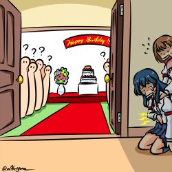 blue_hair blue_skirt blue_socks brown_hair closed_eyes collared_shirt crying eclair_(girls_und_panzer) girls_und_panzer girls_und_panzer_gekitou!_maginot-sen_desu!! hand_on_own_stomach juliet_sleeves kneehighs kneeling kogane_(staygold) long_hair long_sleeves lowres maginot_school_uniform miniskirt multiple_girls pleated_skirt puffy_sleeves red_ribbon ribbon school_uniform shirt short_hair signature skirt socks white_shirt