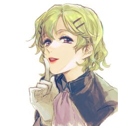 1girl ascot blonde_hair eiyuu_densetsu eyelashes finger_to_mouth gaha_(charat08) gloves index_finger_raised looking_at_viewer musse_egret open_mouth purple_ascot sen_no_kiseki_(series) short_hair simple_background solo upper_body white_background white_gloves