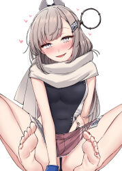 1girl absurdres american_flag american_flag_print american_flag_skirt barefoot black_one-piece_swimsuit blue_nails breasts denim denim_skirt flag_print grey_eyes grey_hair headgear heart heart_in_eye highleg highleg_one-piece_swimsuit highres kantai_collection kiritto long_hair looking_at_viewer lovestruck medium_breasts nail_polish one-piece_swimsuit open_mouth print_skirt red_nails scarf skirt solo super_highleg swimsuit symbol_in_eye toenail_polish toenails two-tone_one-piece_swimsuit wahoo_(kancolle) white_one-piece_swimsuit white_scarf