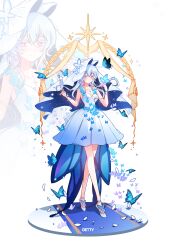 1girl absurdres bare_shoulders blue_butterfly blue_hair blue_veil blush breasts bug butterfly butterfly_on_hand champagne_flute closed_mouth collarbone commentary cup dress drinking_glass full_body getty-gy hair_between_eyes hands_up highres holding holding_cup insect long_hair looking_at_viewer medium_breasts purple_eyes shoes shorekeeper_(wuthering_waves) smile standing strapless strapless_dress two-tone_veil veil very_long_hair white_dress white_shoes white_veil wuthering_waves zoom_layer
