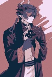 Rule 34 | 1boy, adjusting clothes, adjusting gloves, arknights, black hair, brown background, brown coat, brown hair, chongyue (arknights), closed mouth, coat, collared coat, commentary request, dragon boy, dragon horns, dragon tail, earrings, gloves, hands up, highres, horns, jewelry, korean commentary, long hair, long sleeves, looking to the side, low ponytail, male focus, multicolored hair, nills, pointy ears, ponytail, single glove, solo, streaked hair, tail, upper body, wide sleeves