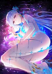 1girl anklet ass bare_shoulders barefoot bracelet breasts closed_mouth colored_inner_hair earrings fate/grand_order fate_(series) feet_out_of_frame fiery_clothing fingernails flaming_foot flower frown game_cg hair_flower hair_ornament hair_ribbon jewelry kama_(fate) kama_(swimsuit_avenger)_(fate) kama_(swimsuit_avenger)_(third_ascension)_(fate) large_breasts long_hair looking_at_viewer lying multicolored_hair official_art on_side parted_lips pink_nails purple_ribbon red_eyes redrop ribbon ripples single_sidelock solo starry_hair third-party_source very_long_hair white_hair