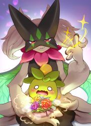 absurdres blush cape creatures_(company) flower furry game_freak green_fur green_hair highres mask meowscarada nintendo open_mouth pink_eyes pokemon pokemon_(creature) shii_(no-va_could) smile smoliv wavy_mouth