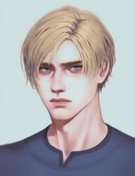 1boy 23i2ko bags_under_eyes blonde_hair blue_background blue_eyes blue_shirt expressionless leon_s._kennedy looking_at_viewer male_focus portrait resident_evil shirt short_hair simple_background solo