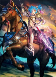 1girl armor barding blue_hair fire_emblem fire_emblem_cipher fire_emblem_fates fuzichoco highres holding holding_polearm holding_weapon horseback_riding lance nintendo official_art peri_(fire_emblem) pink_hair polearm riding third-party_source weapon